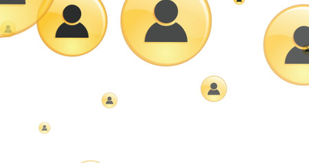 Image of yellow digital people icons flying up on white background. global networking, technology and digital interface concept digitally generated image.の写真素材
