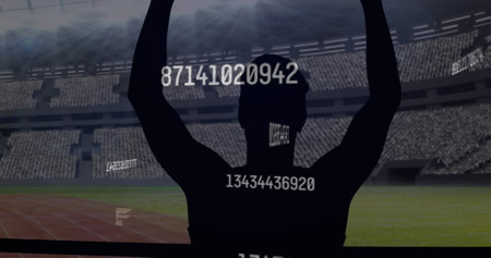Multiple changing numbers over silhouette of male athlete celebrating against sports stadium. sports...