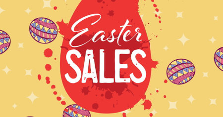 Image of easter sales text with easter eggs on yellow background. retro retail, shopping and savings concept digitally generated image.の写真素材
