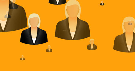 Image of online businesswoman icons moving on yellow background. global networking, technology and digital interface concept digitally generated image.の写真素材