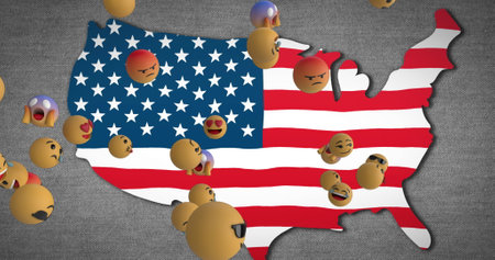 Image of emojis flying over map of america with american flag. american patriotism, independence and...