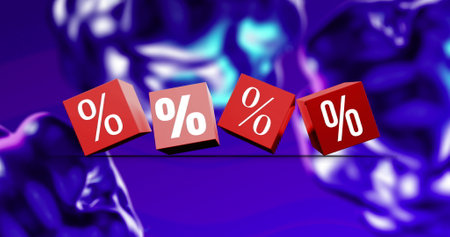 Image of sales percent symbols on red cubes over purple background. shopping, retail and savings concept digitally generated image.の写真素材