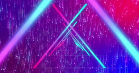 Image of pink and blue light beams, moving over light trails on pink and blue background. online communication, retro background screen concept, digitally generated image.の写真素材