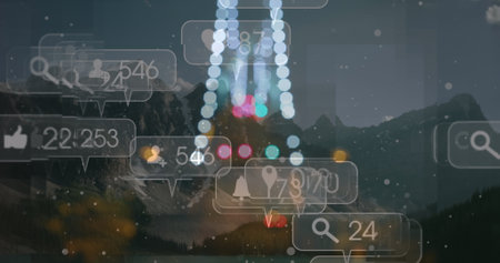 Image of social media icons over out of focus lights and cityscape. global social media, communication, digital interface, technology and networking concept digitally generated image.の写真素材