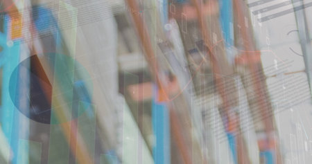 Image of financial data processing over warehouse. global business, data processing, digital...