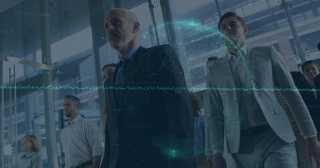Image of financial statistics processing over businessmen. global business travel, finances and data processing concept digitally generated image.の写真素材