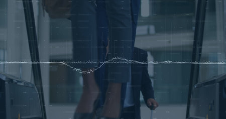 Image of financial data processing over business people. global business, finances and data...