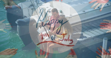 Independence text over caucasian couple fishing against multiple hands on blue radial background. american independence and celebration conceptの写真素材
