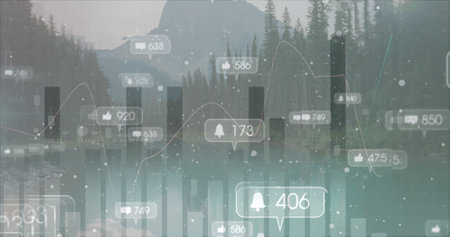 Image of social media icons over statistics and landscape. global social media, communication,...