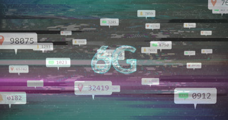 Image of social media icons over 6g text and scope scanning. global social media, communication,...
