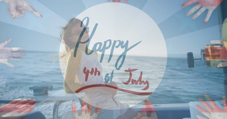Image of happy 4th of july text over smiling woman sailing in yacht. american patriotism, celebration and independence concept digitally generated image.の写真素材