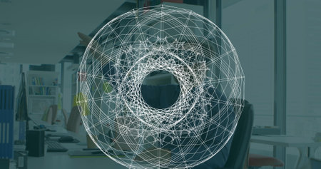 Image of scope scanning over businessman wearing vr headset. global science, digital interface, technology and networking concept digitally generated image. wの写真素材