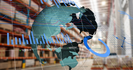 Statistical data processing over spinning globe against warehouse in background. global finance and business conceptの写真素材