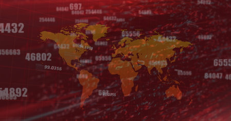 Image of scope scanning with glitch and numbers with world map. global data processing,...