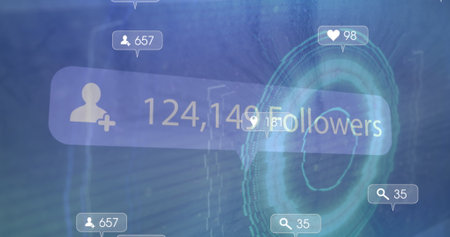 Image of social media icons over scope scanning. global social media, communication, digital...