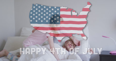 Independence text and american flag over us map against caucasian girl waking up her mom at home. american independence and celebration conceptの写真素材