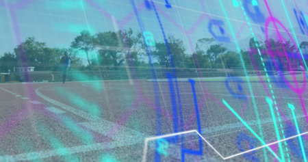 Image of digital data processing over disabled male athlete with running blades on racing track. global sports, competition, disability and digital interface concept digitally generated image.の写真素材