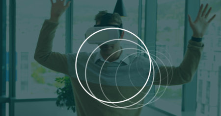 Image of white circles moving over man wearing vr headset using virtual interface. global...
