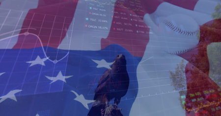 Image of american flag, baseball, eagle, data processing. american patriotism, finances, business, digital interface, technology and networking concept digitally generated image.の写真素材