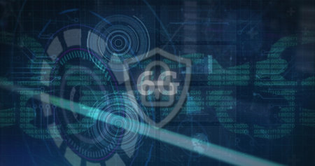 Image of scope scanning and 6g text with online security shield and chains. global data processing,...