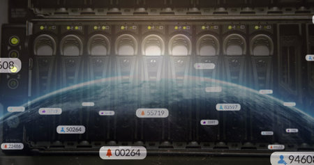 Image of social media icons over computer servers. global social media, communication, digital...
