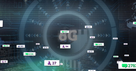 Image of social media icons over 6g text and scope scanning. global social media, communication, digital interface, technology and networking concept digitally generated image.の写真素材