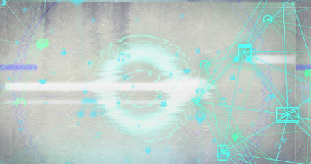 Image of scope scanning and network of connections with icons. global data processing,...