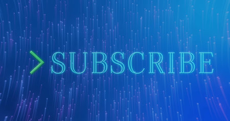 Image of text, subscribe, with green arrows, on blue background. online communication, social media message concept, digitally generated image.の写真素材
