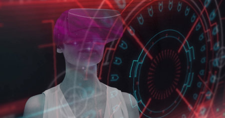 Image of scope scanning with glitch and woman using vr headset. global data processing,...
