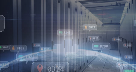 Image of social media icons over globe and computer servers. global social media, communication,...