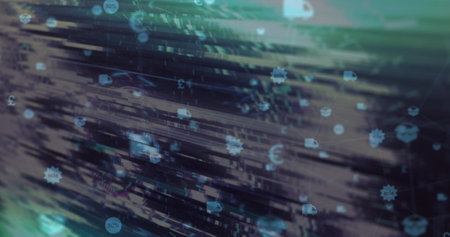 Image of scope scanning and digital online icons. global data processing, communication, digital interface, technology and networking concept digitally generated image.の写真素材