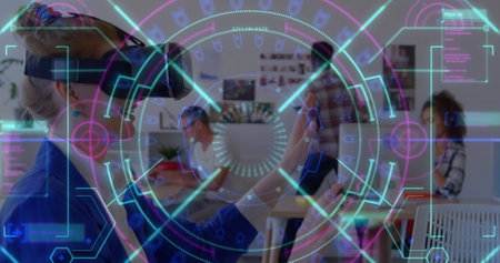 Neon scope scanner against caucasian woman gesturing while wearing vr headset at office. computer interface and technology conceptの写真素材