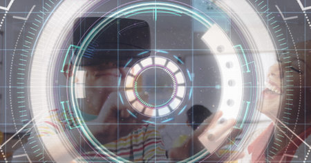 Light trails over neon scope scanner against caucasian boy wearing vr headset at school. education...