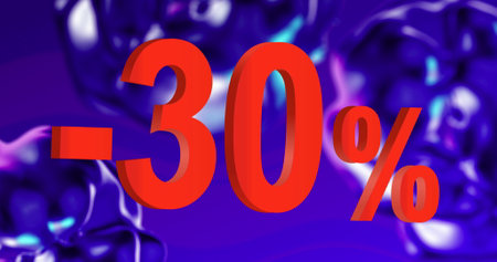 Image of minus 30 percent text on liquid purple background. retro retail and savings concept digitally generated image.の写真素材