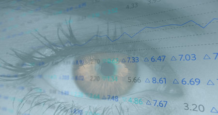 Image of financial data processing over woman's eye in background. global connections, technology and digital interfaces concept digitally generated image.の写真素材