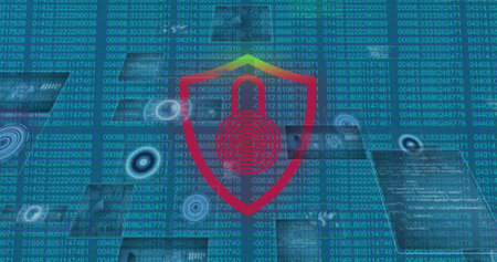 Image of online security padlock, scopes scanning and data processing on screens. global...