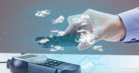 Image of wi fi icons over smartphone and payment terminal. global data security and contactless...