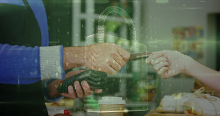 Image of network security padlock over people using payment terminal. global communication and data...