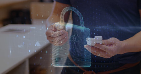 Image of network security padlock over people using payment terminal. global communication and data...