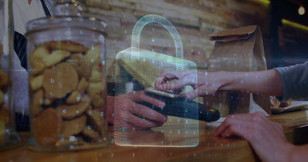 Image of network security padlock over people using payment terminal. global communication and data security concept digitally generated image.の写真素材