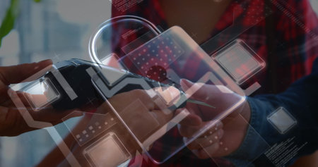 Image of network security padlock over people using payment terminal. global communication and data...