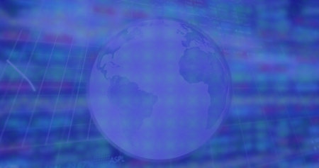 Image of financial data processing over globe and green pattern. Global business, computing and data processing concept digitally generated image.の写真素材