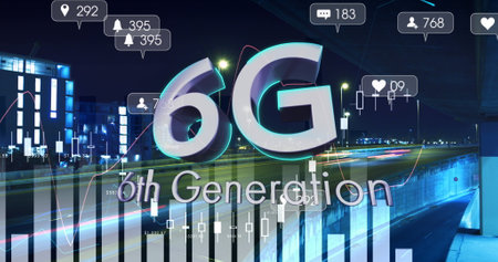 Image of 6g text over data processing and cityscape. global communication technology concept...