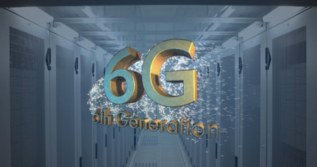 Image of 6g text over data processing and server room. global communication technology concept digitally generated image.の写真素材