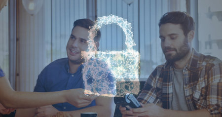 Image of network security padlock over people using payment terminal. global communication and data...