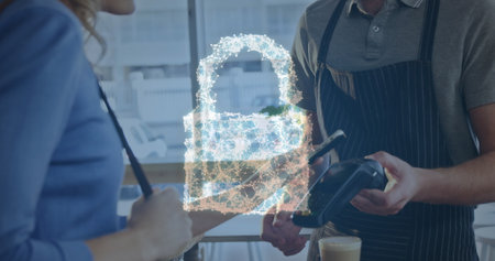 Image of network security padlock over people using payment terminal. global communication and data...