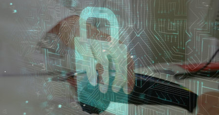 Image of network security padlock over people using payment terminal. global communication and data...