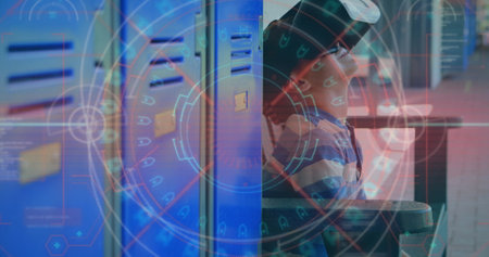 Image of scope scanning and data processing over boy wearing vr headset. data processing,...