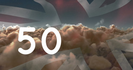 Image of clouds and flag of united kingdom. global social media and communication concept digitally...