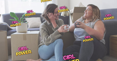Image of girl power text over two woman drinking coffee. female power, feminism and gender equality concept digitally generated image.の写真素材